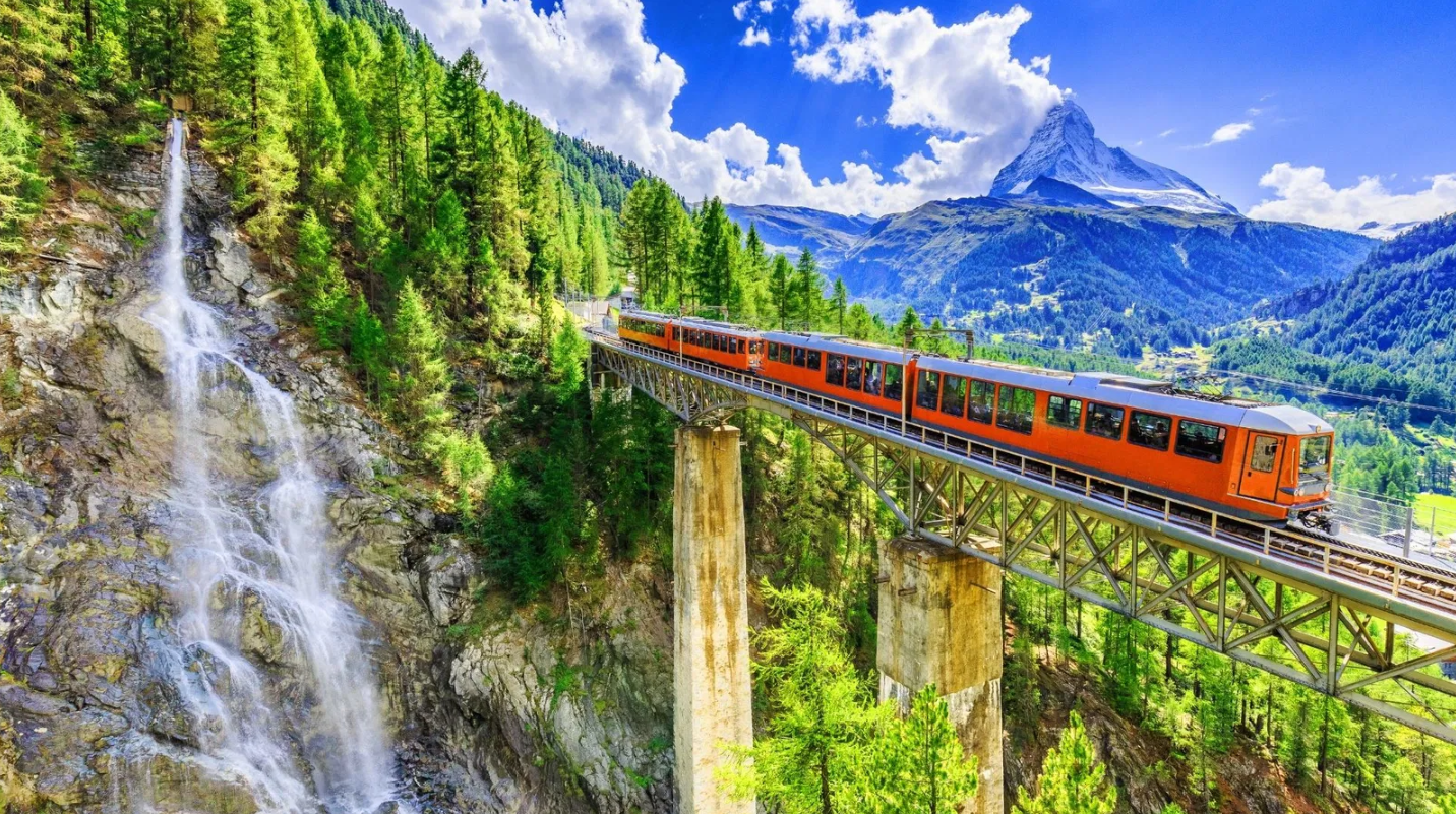 Matterhorn Glacier Express with Matterhorn peak in view – Swiss Alps excursion on luxury golf tour